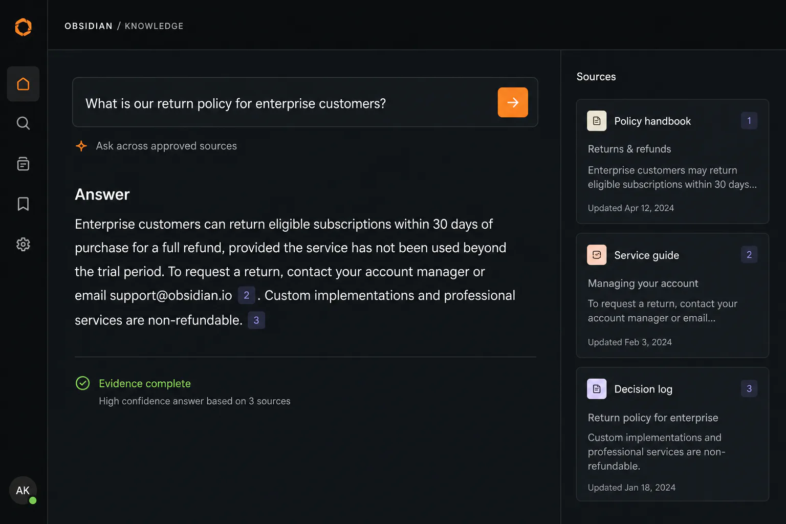 Knowledge AI answer with visible policy, service guide and decision-log sources
