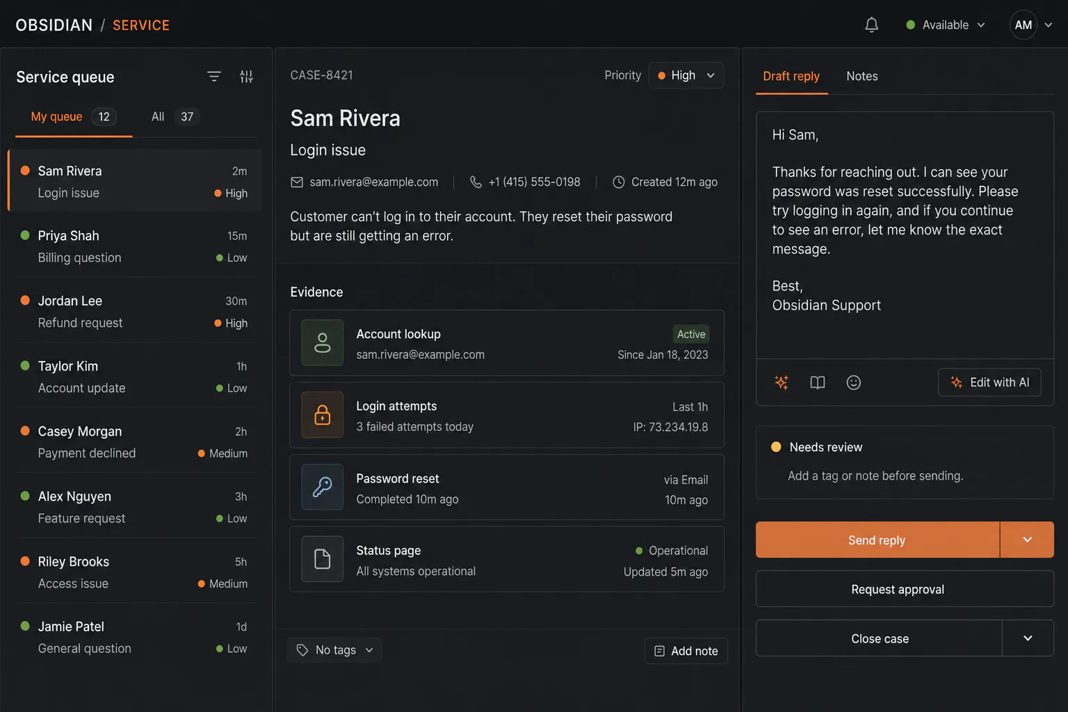 Realistic customer service agent workspace with evidence and a reviewed AI reply